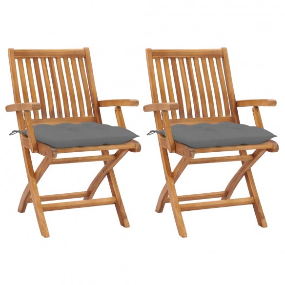 Chaises de jardin 2 pcs avec coussins gris Bois de teck massif