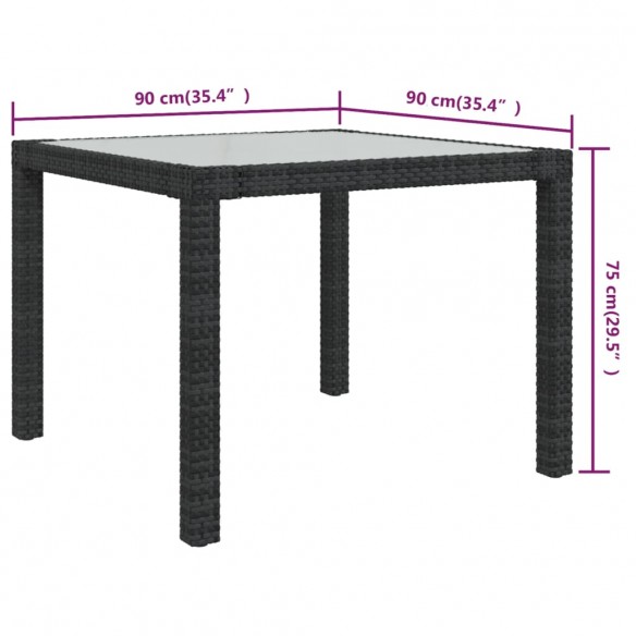 Table de jardin 90x90x75 cm Verre trempé et résine tressée Noir