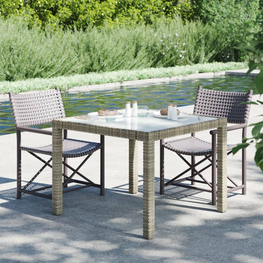 Table de jardin 90x90x75 cm Verre trempé et résine tressée Gris