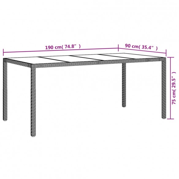 Table de jardin Blanc 190x90x75 cm Verre trempé/résine tressée