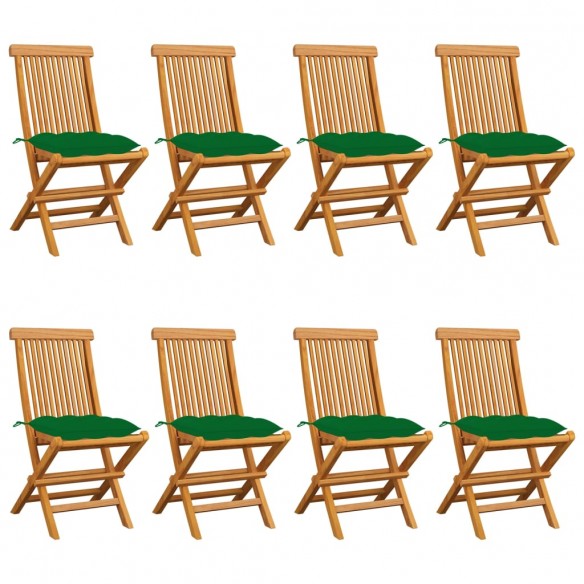 Chaises de jardin avec coussins vert 8 pcs Bois de teck massif