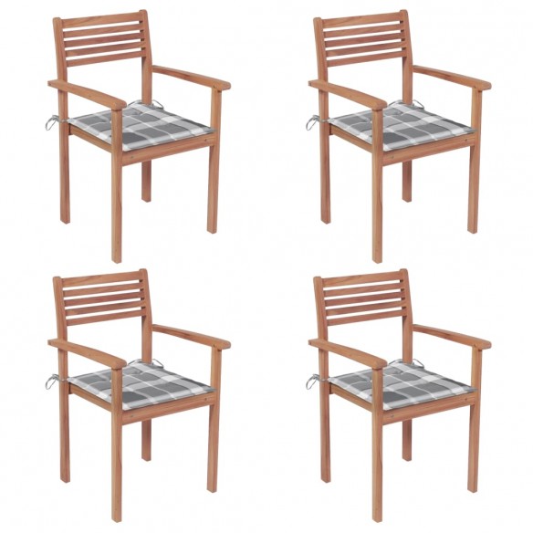 Chaises de jardin 4 pcs avec coussins à carreaux gris Teck