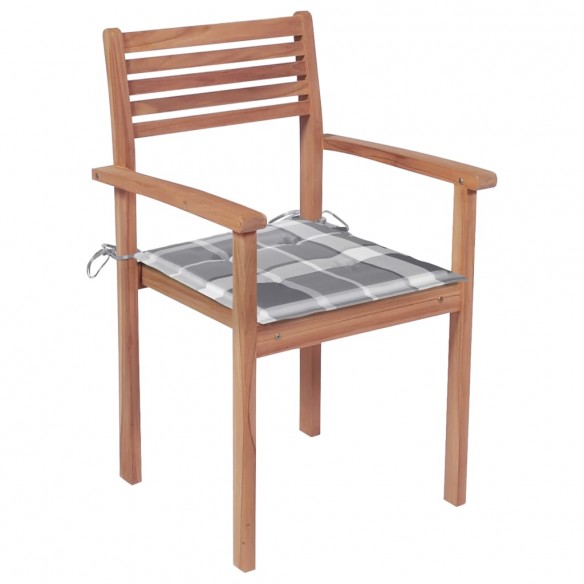 Chaises de jardin 4 pcs avec coussins à carreaux gris Teck