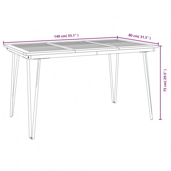 Table de jardin avec pieds épingle à cheveux 140x80x75cm acacia