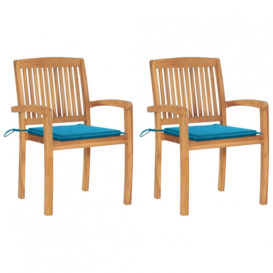 Chaises de jardin 2 pcs avec coussins bleu Bois de teck massif