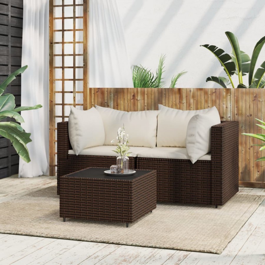 Salon de jardin 3 pcs avec coussins marron résine tressée