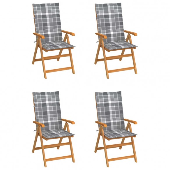 Chaises de jardin 4 pcs avec coussins à carreaux gris Teck