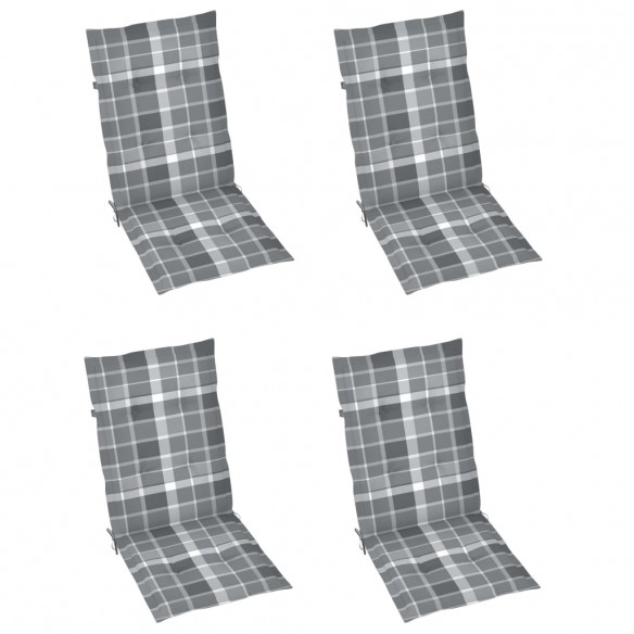 Chaises de jardin 4 pcs avec coussins à carreaux gris Teck