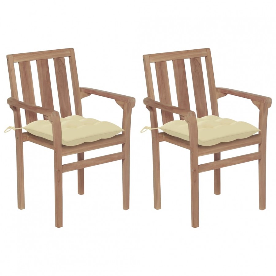 Chaises de jardin 2 pcs avec coussins blanc crème Teck massif