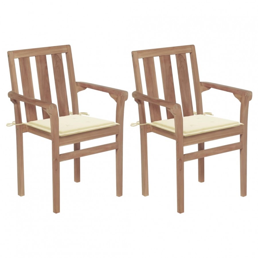 Chaises de jardin 2 pcs avec coussins crème Bois de teck massif