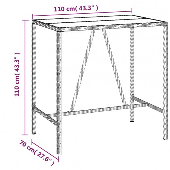 Table de bar et dessus en verre gris 110x70x110 cm poly rotin