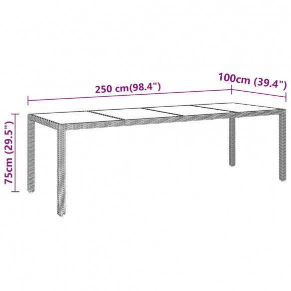 Table de jardin 250x100x75 cm Verre trempé et Résine tressée