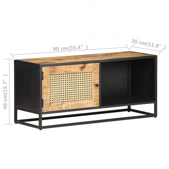 Meuble TV 90x30x40 cm Bois de manguier brut et canne naturelle