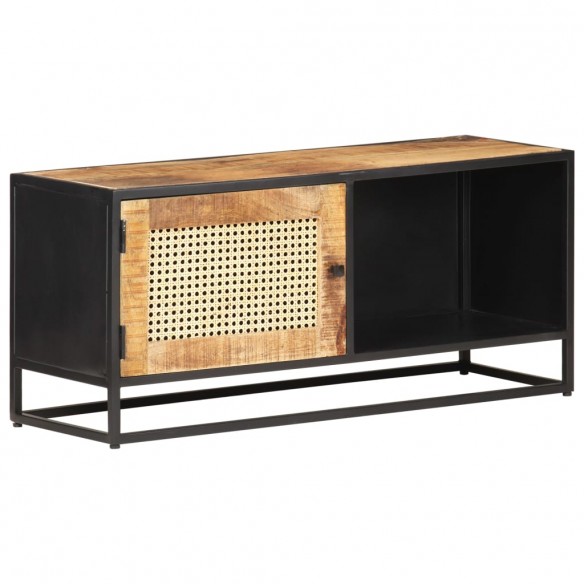 Meuble TV 90x30x40 cm Bois de manguier brut et canne naturelle