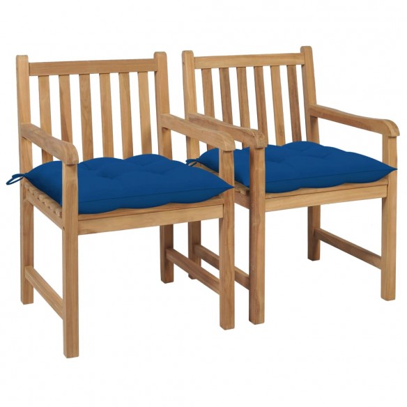 Chaises de jardin 2 pcs avec coussins bleu Bois de teck massif