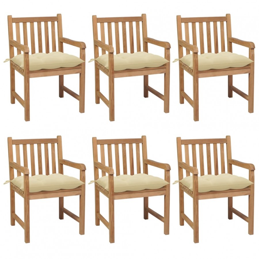 Chaises de jardin 6 pcs avec coussins blanc crème Teck solide