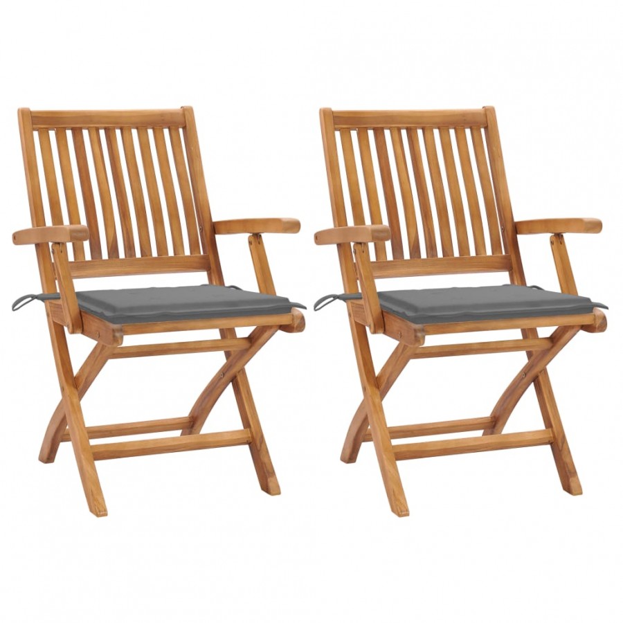 Chaises de jardin 2 pcs avec coussins gris Bois de teck massif