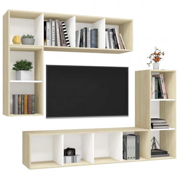 Ensemble meubles TV 4 pcs Blanc/chêne sonoma Bois d'ingénierie