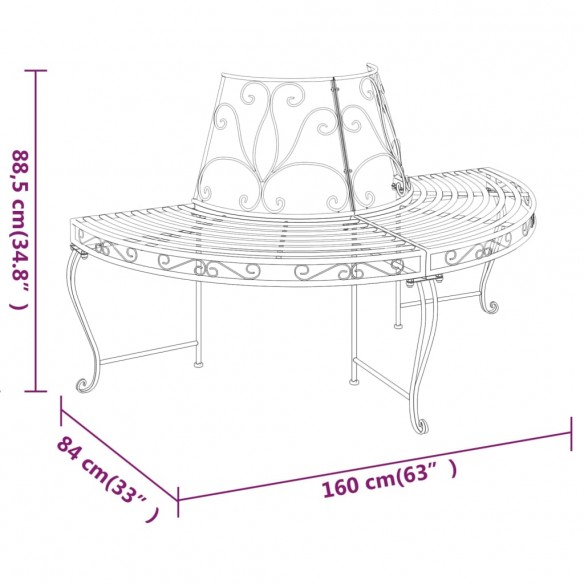 Banc demi-circulaire tour d'arbre Ø160 cm Noir Acier