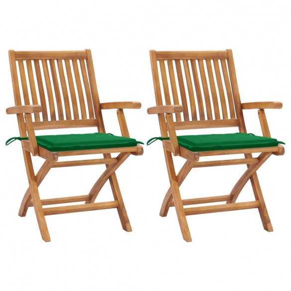 Chaises de jardin 2 pcs avec coussins vert Bois de teck massif