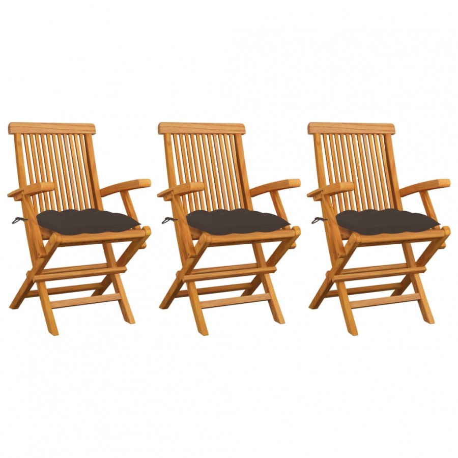 Chaises de jardin avec coussins taupe 3 pcs Bois de teck massif