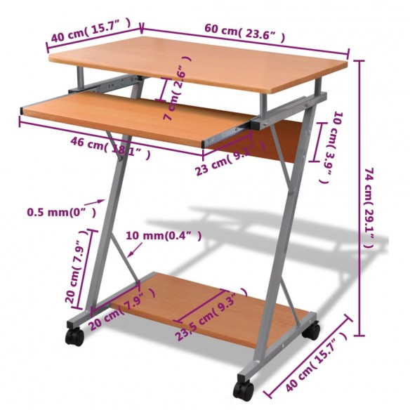 Bureau d'ordinateur avec plateau à clavier coulissant Marron