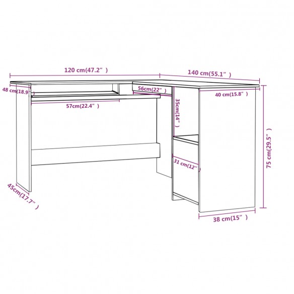 Bureau d'angle en forme de L Noir 120x140x75 cm Aggloméré