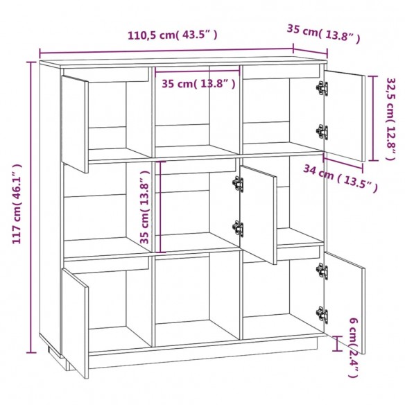 Buffet Noir 110,5x35x117 cm Bois massif de pin