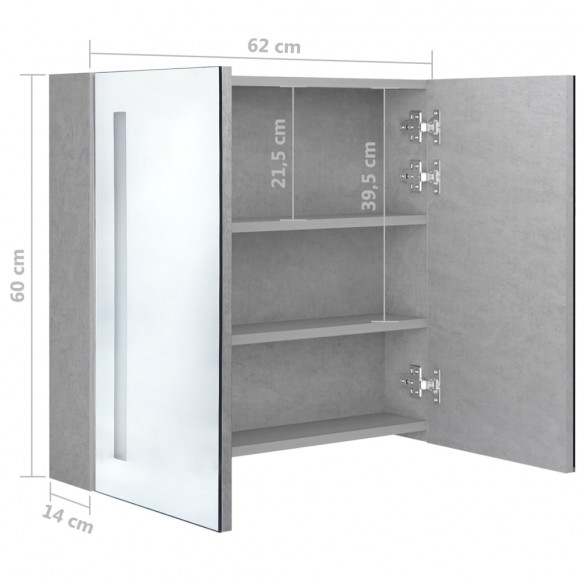 Armoire de salle de bain à miroir LED Gris béton 62x14x60 cm