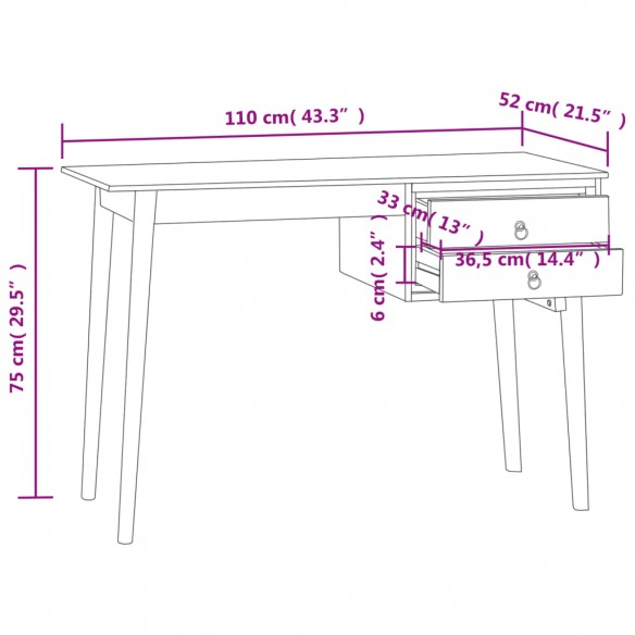 Bureau avec 2 tiroirs 110x52x75 cm Bois de teck solide