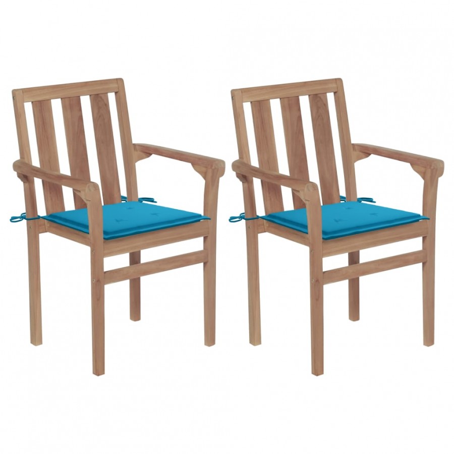 Chaises de jardin 2 pcs avec coussins bleu Bois de teck massif