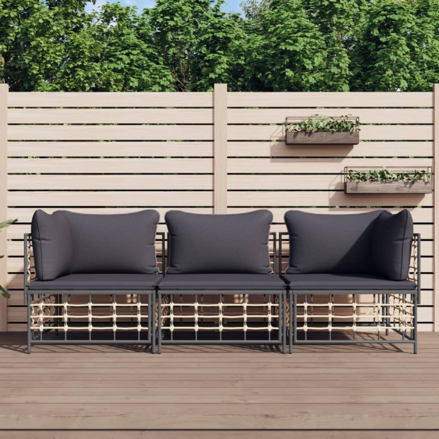 Salon de jardin 3 pcs avec coussins anthracite résine tressée