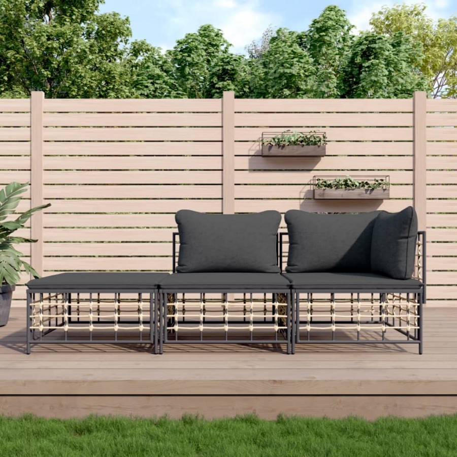 Salon de jardin 3 pcs avec coussins anthracite résine tressée