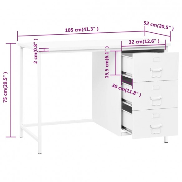 Bureau industriel avec tiroirs Blanc 105x52x75 cm Acier