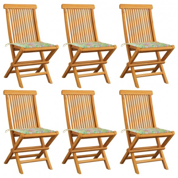 Chaises de jardin et coussins motif à feuilles 6pcs Teck massif