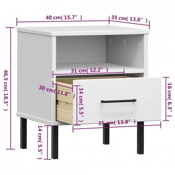 Table de chevet avec pieds en métal Blanc Bois pin massif OSLO