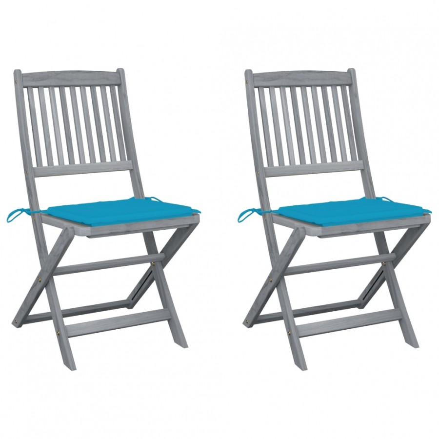 Chaises pliables d'extérieur 2 pcs avec coussins Bois d'acacia