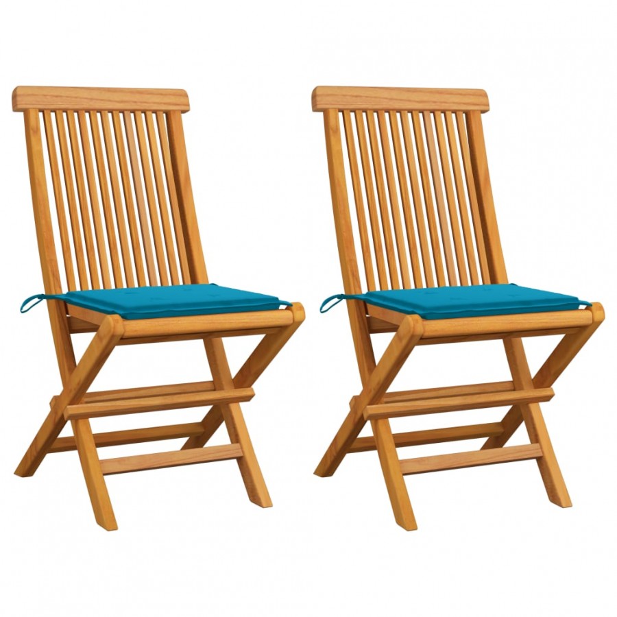 Chaises de jardin avec coussins bleu 2 pcs Bois de teck massif