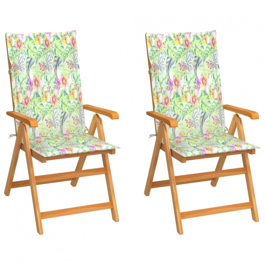 Chaises de jardin 2 pcs avec coussins à motif de feuilles Teck