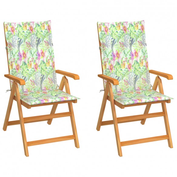 Chaises de jardin 2 pcs avec coussins à motif de feuilles Teck