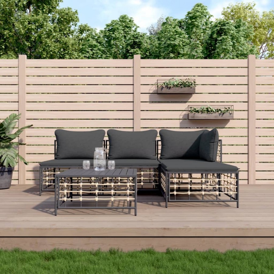 Salon de jardin 5 pcs avec coussins anthracite résine tressée