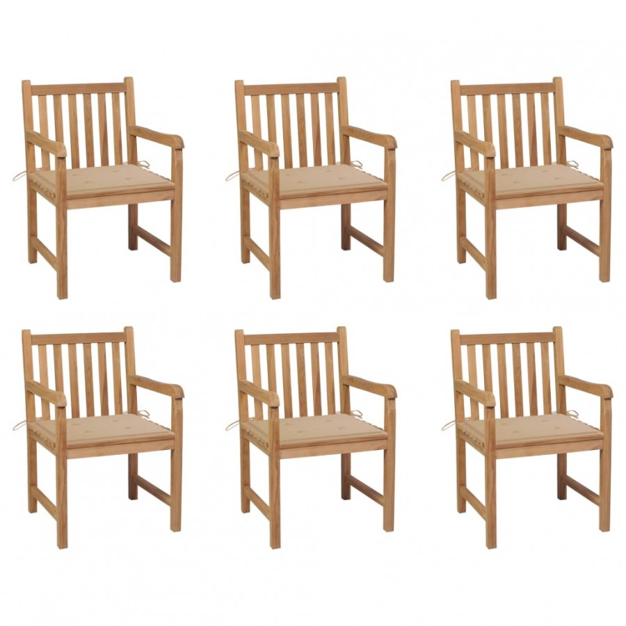 Chaises de jardin 6 pcs avec coussins beige Bois de teck massif