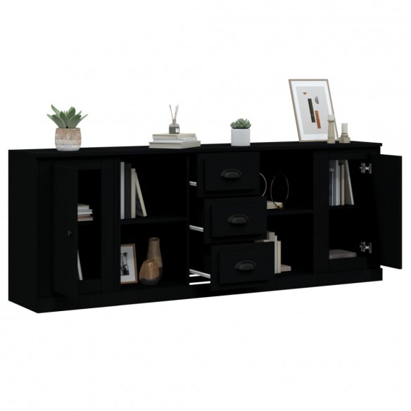 Buffets 3 pcs noir bois d'ingénierie