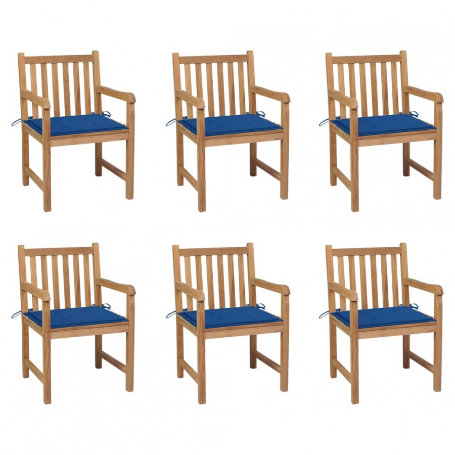 Chaises de jardin 6 pcs avec coussins bleu royal Bois de teck