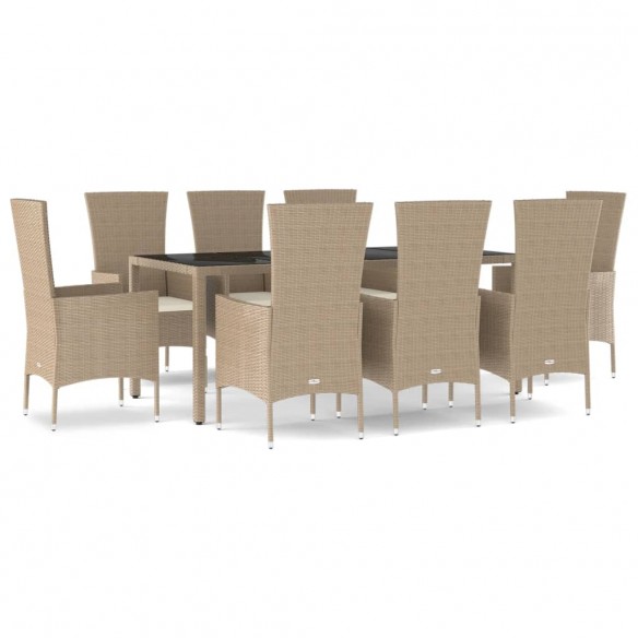 Ensemble à manger de jardin et coussins 9 pcs beige Poly rotin