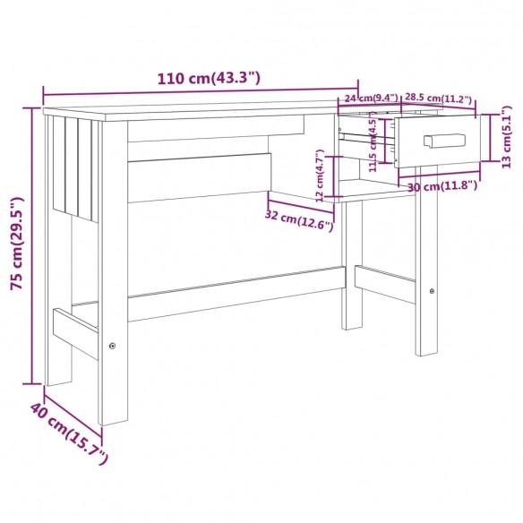 Bureau HAMAR Marron miel 110x40x75 cm Bois massif de pin