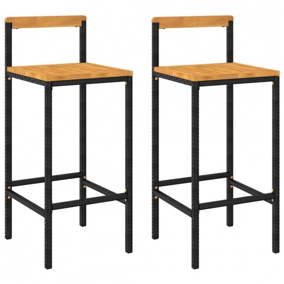 Tabourets de bar 2 pcs noir résine tressée et bois d'acacia