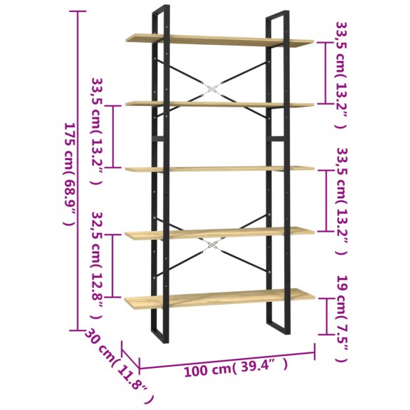 Bibliothèque à 5 niveaux 100x30x175 cm Bois de pin