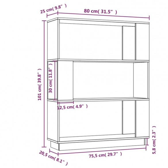 Bibliothèque/Séparateur de pièce Gris 80x25x101 cm Pin solide