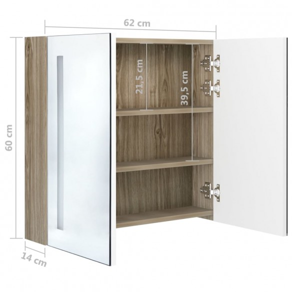 Armoire de salle de bain à miroir LED blanc et chêne 62x14x60cm